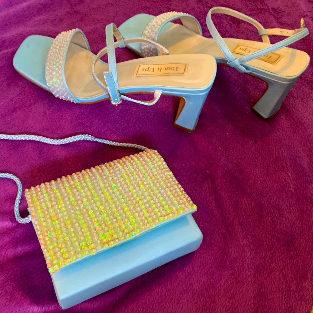 Baby blue dress evening sandals and matching purse
